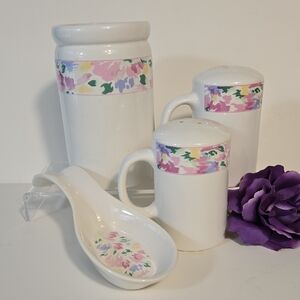 White Ceramic Floral Kitchen Set, Utensil, Spoon Rest & Shakers